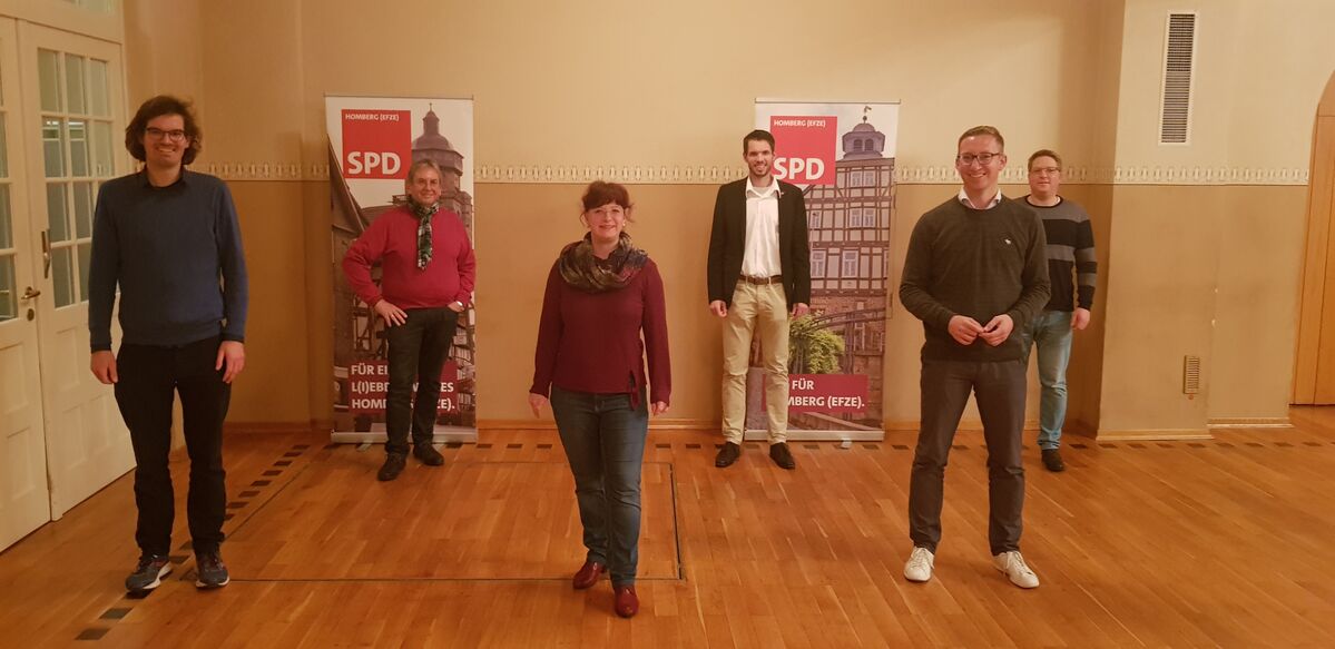 Die Spitzenkandidaten der Homberger SPD für die Kommunalwahl 2021: Leopold Bott, Jürgen Thurau, Sabrina Müller, Dr. Martin Herbold, Christian Marx, Martin Stöckert (v.l.n.r.)